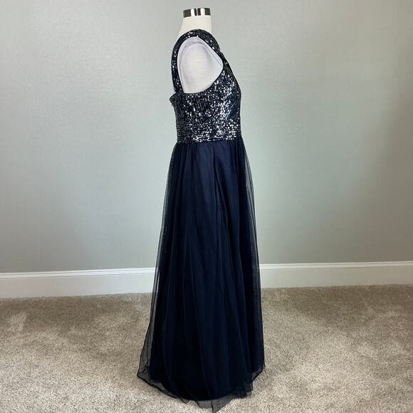 Eliza J Women's Sequin Tulle Sleeveless Halter Evening Gown Blue Size 12P Dress - Picture 3 of 12